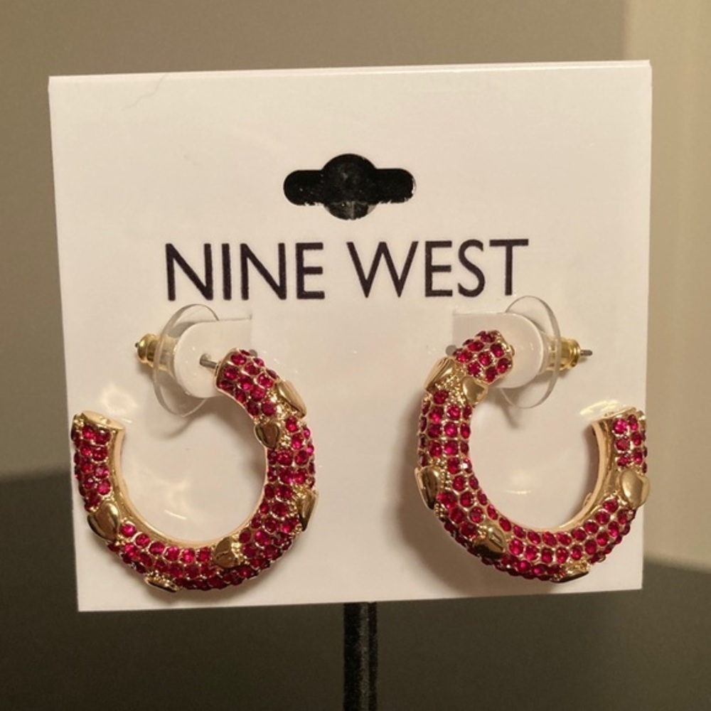 Nine West Gold and Pink Crystal Hoop Earrings